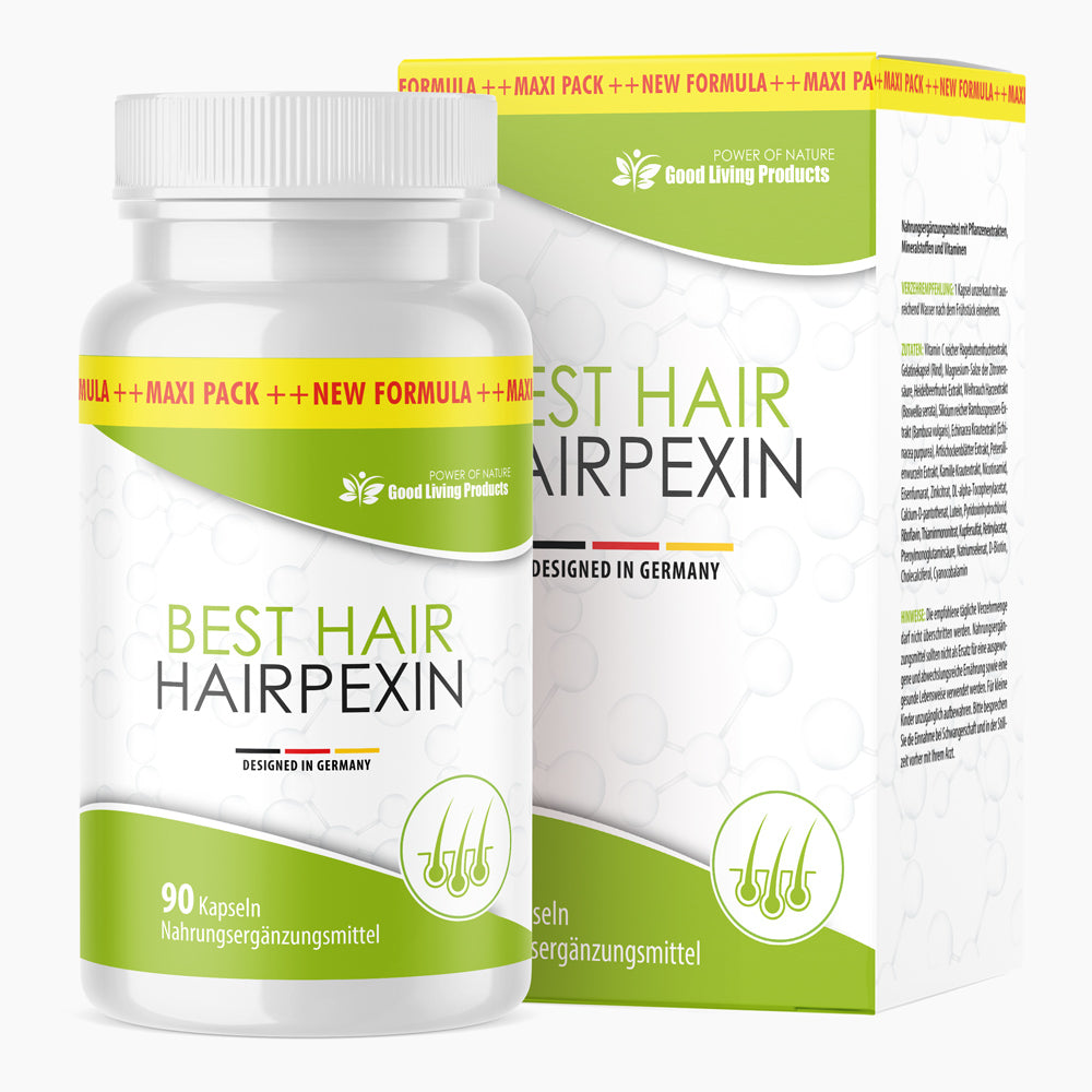 Weiße Kunststoffdose mit grünem Etikett Best Hair Hairpexin, 90 Kapseln vor passender Faltschachtel