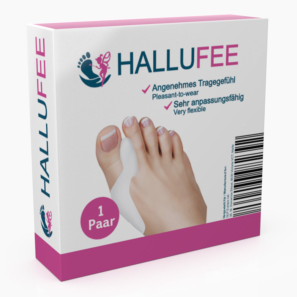 Verpackung mit Schrift Hallufee, Abbildung eines Fußes mit weißem Zehenspreizer und Hinweis 1 Paar