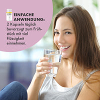 Thumbnail for woman drinking water with text. Easy application: 2 capsules daily Harmony Balance Plus