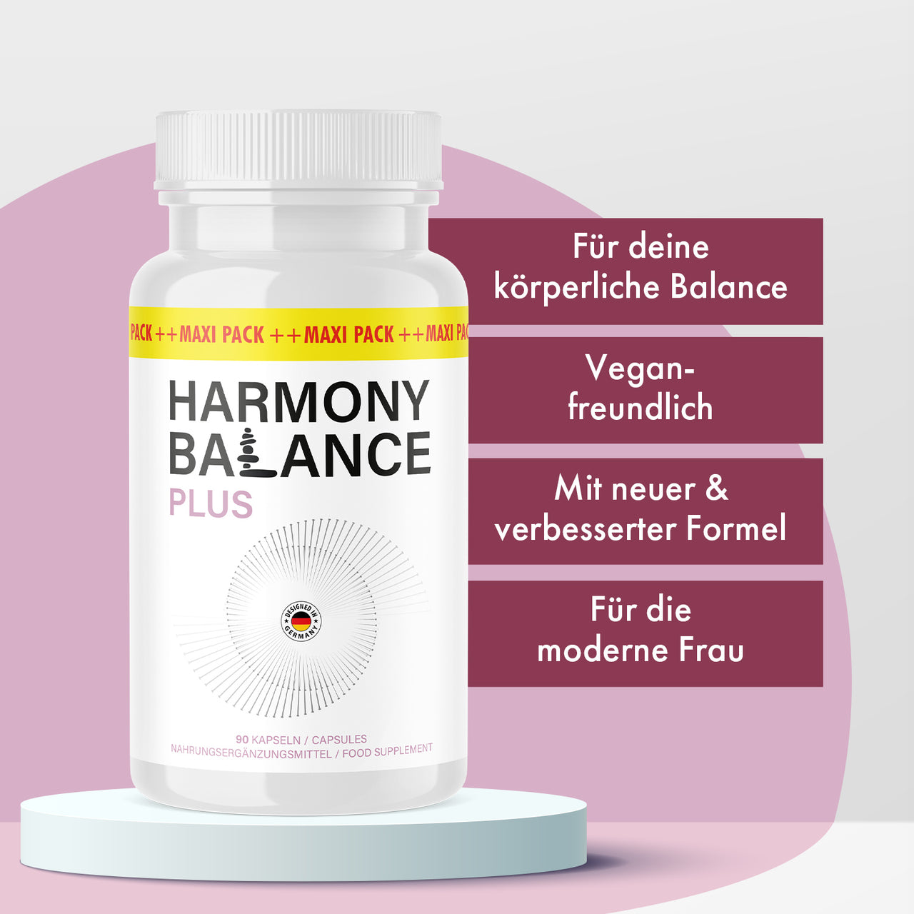 Harmony Balance Plus capsules with text for physical balance, vegan-friendly, new formula