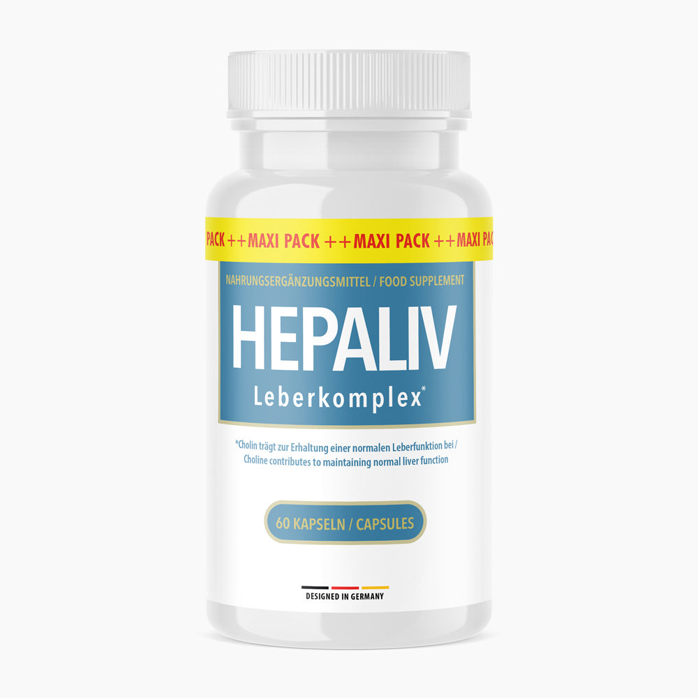 Kunststoffdose mit blauem Etikett Hepaliv Leberkomplex, 60 Kapseln