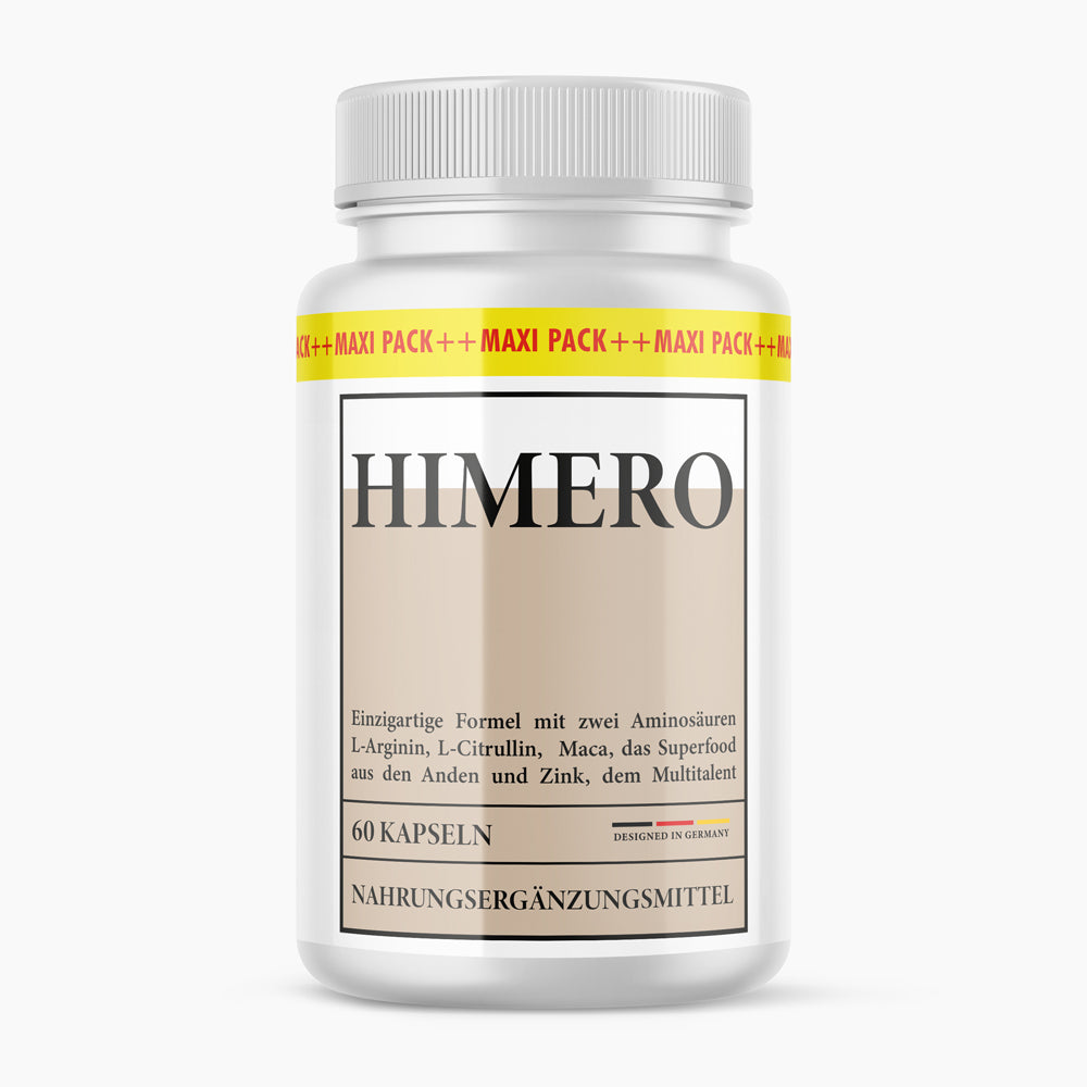 Dose mit beigem Etikett Himero 60 Kapseln, schwarzer Schrift und Textblock in rechteckigem Rahmen