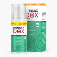 Thumbnail for Flasche mit Pumpspender und Etikett Hondrodox Cream 120 ml vor passender Faltschachtel mit Pflanzenmotiv