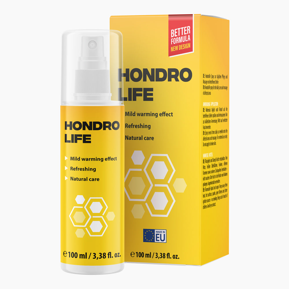 Spray bottle with yellow label Hondro Life 100 ml in front of matching folding box with honeycomb motif