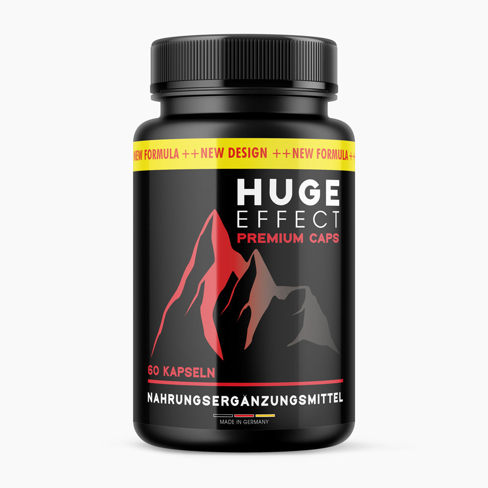 
Huge Effect Kapseln, 60 Stück, schwarze Dose mit rotem Etikett und Bergmotiv

