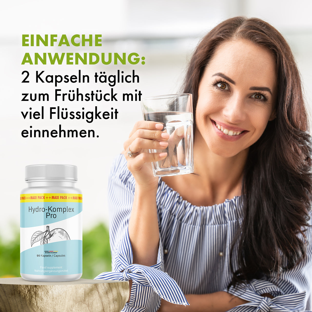 Frau hält Wasserglas neben Hydro-Komplex Pro Dose mit 90 Kapseln und sichtbarem Einnahmehinweis