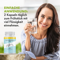 Thumbnail for Frau hält Wasserglas neben Hydro-Komplex Pro Dose mit 90 Kapseln und sichtbarem Einnahmehinweis