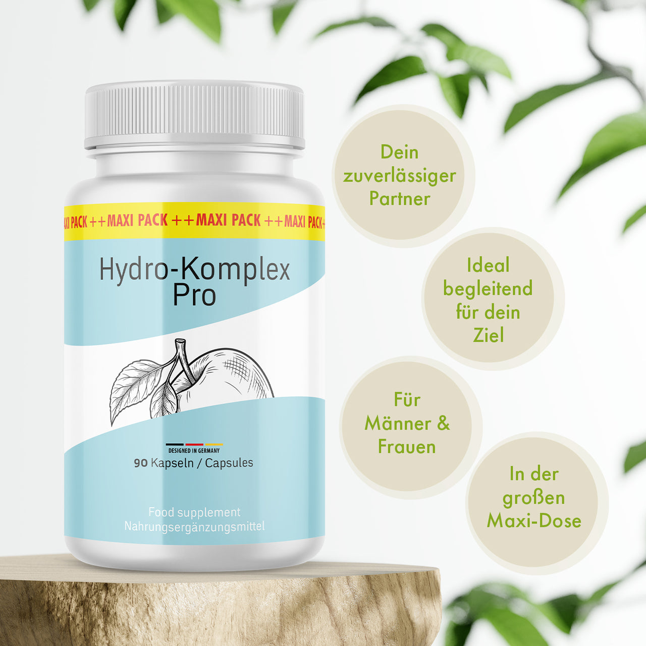 Weiße Dose Hydro-Komplex Pro mit 90 Kapseln auf Holzpodest und vier beigen Infokreisen rechts
