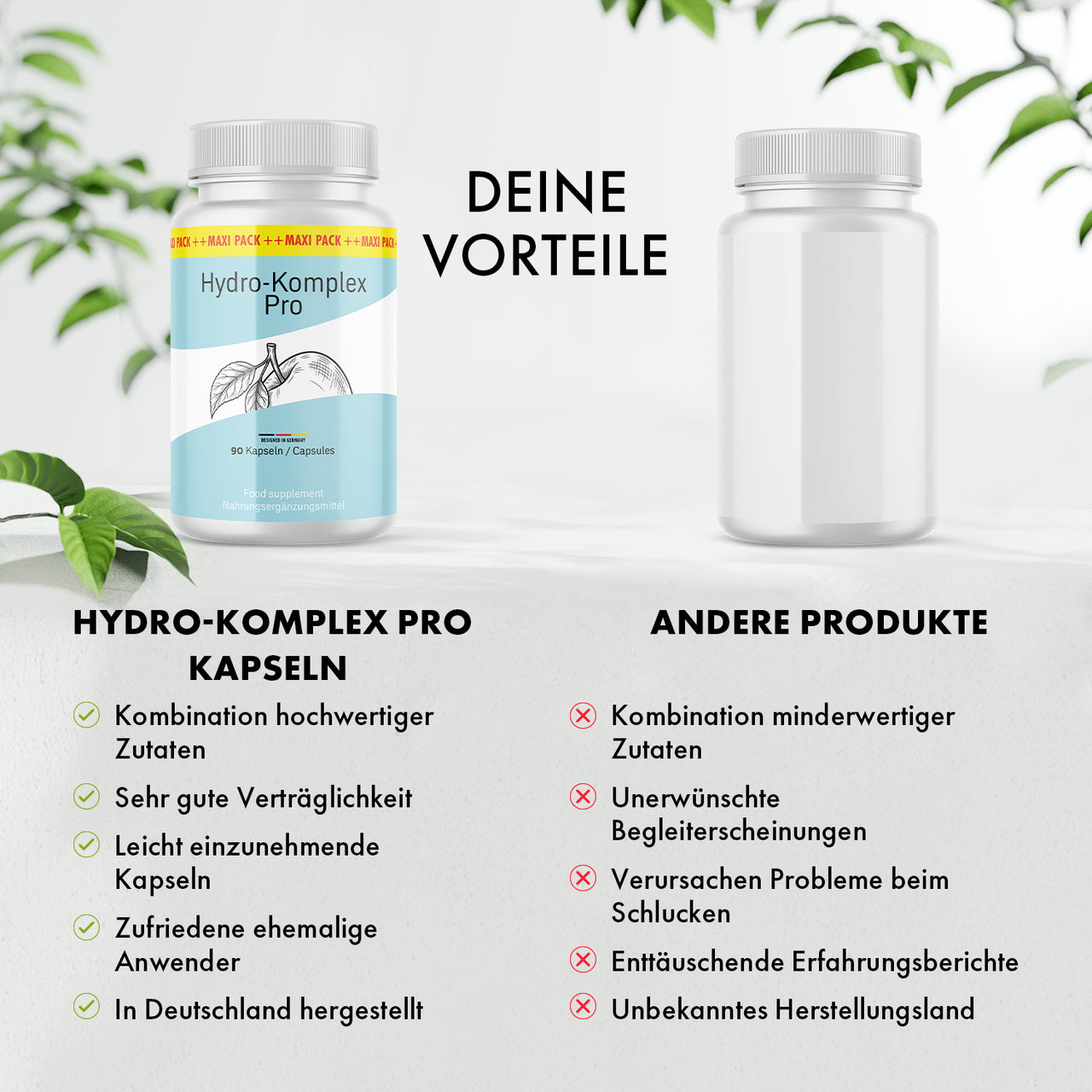 Vergleichsgrafik mit Hydro-Komplex Pro Dose, anderer Dose, Vorteilslisten und Bewertungssymbolen