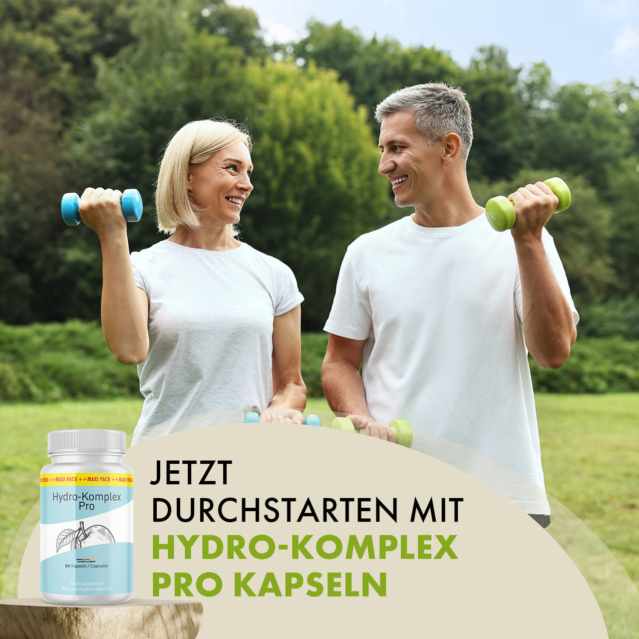 Zwei Personen trainieren mit Hanteln im Park neben Hydro-Komplex Pro Dose mit 60 Kapseln vorn