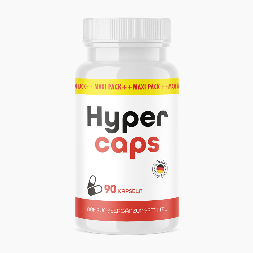 Dose mit Aufdruck Hypercaps 90 Kapseln mit Kapselsymbol und rotem Bodenetikett