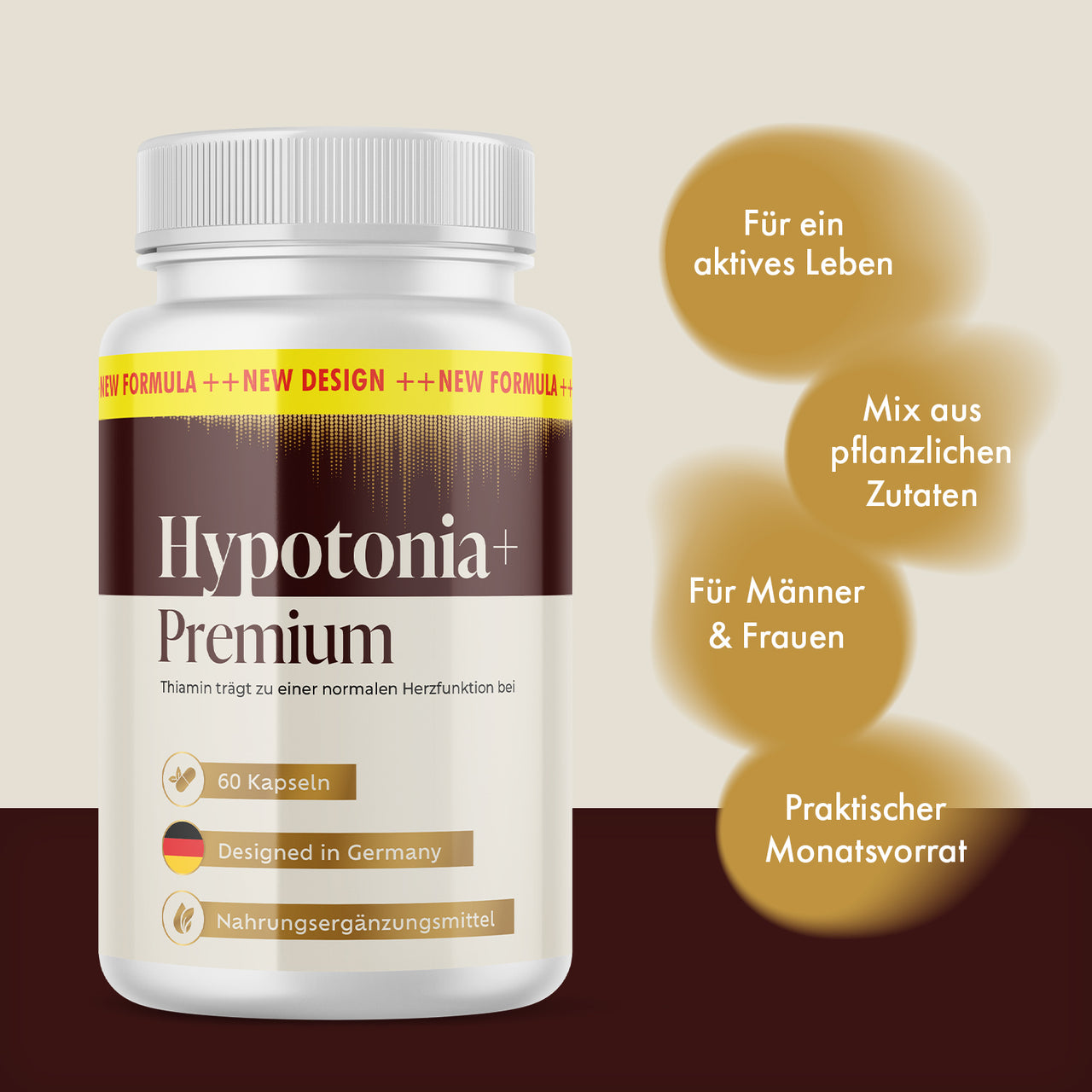 Hypotonia+ Premium mit 60 Kapseln; Werbegrafik nennt pflanzliche Zutaten und Männer & Frauen