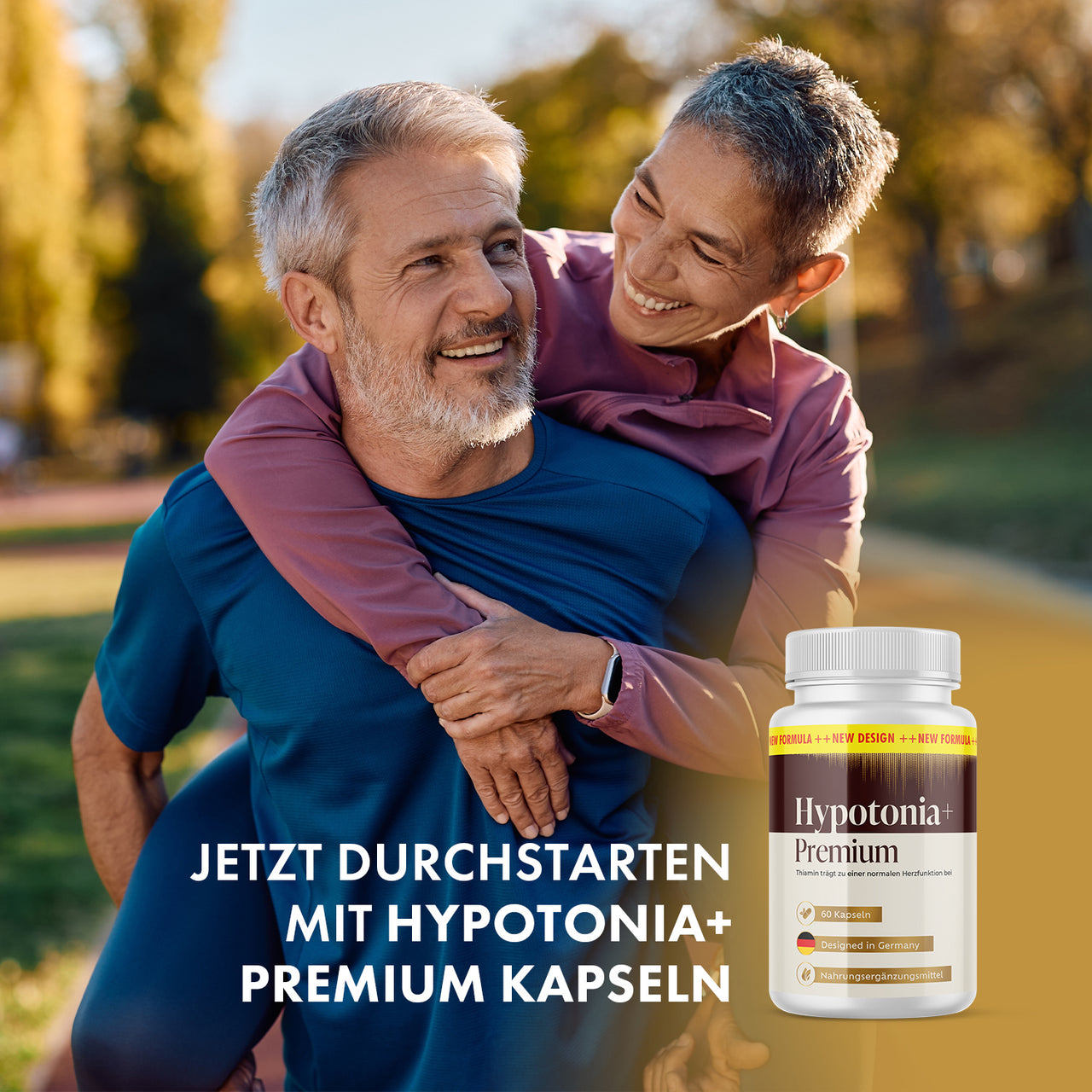 Älteres Paar im Park neben Hypotonia+ Premium Kapseln und dem Werbetext „Jetzt durchstarten“