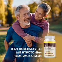 Thumbnail for Älteres Paar im Park neben Hypotonia+ Premium Kapseln und dem Werbetext „Jetzt durchstarten“