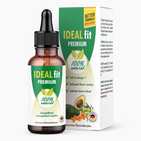 Thumbnail for Flasche mit schwarzer Pipette, 100 Prozent natural-Schriftzug und Ideal Fit Premium vor Verpackung mit Avocadoabbildung
