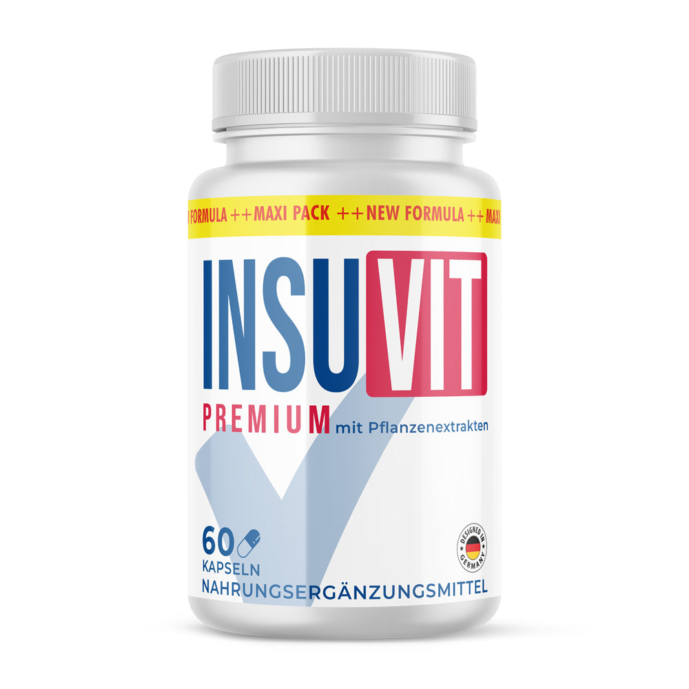 Weiße Kunststoffdose mit Aufdruck Insuvit Premium mit Pflanzenextrakten, 60 Kapseln