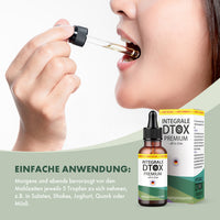 Thumbnail for Integrale DTOX Premium Pipettenflasche mit Verpackung und Anwendungshinweis auf grünem Feld