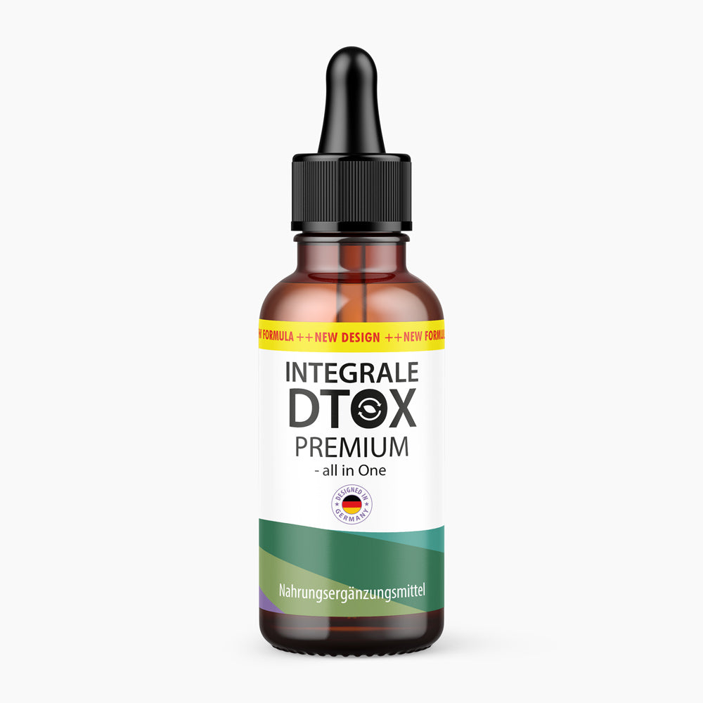 Integrale DTOX Premium Flasche  mit schwarzer Pipette und grün-weißem Etikett vor hellem Hintergrund