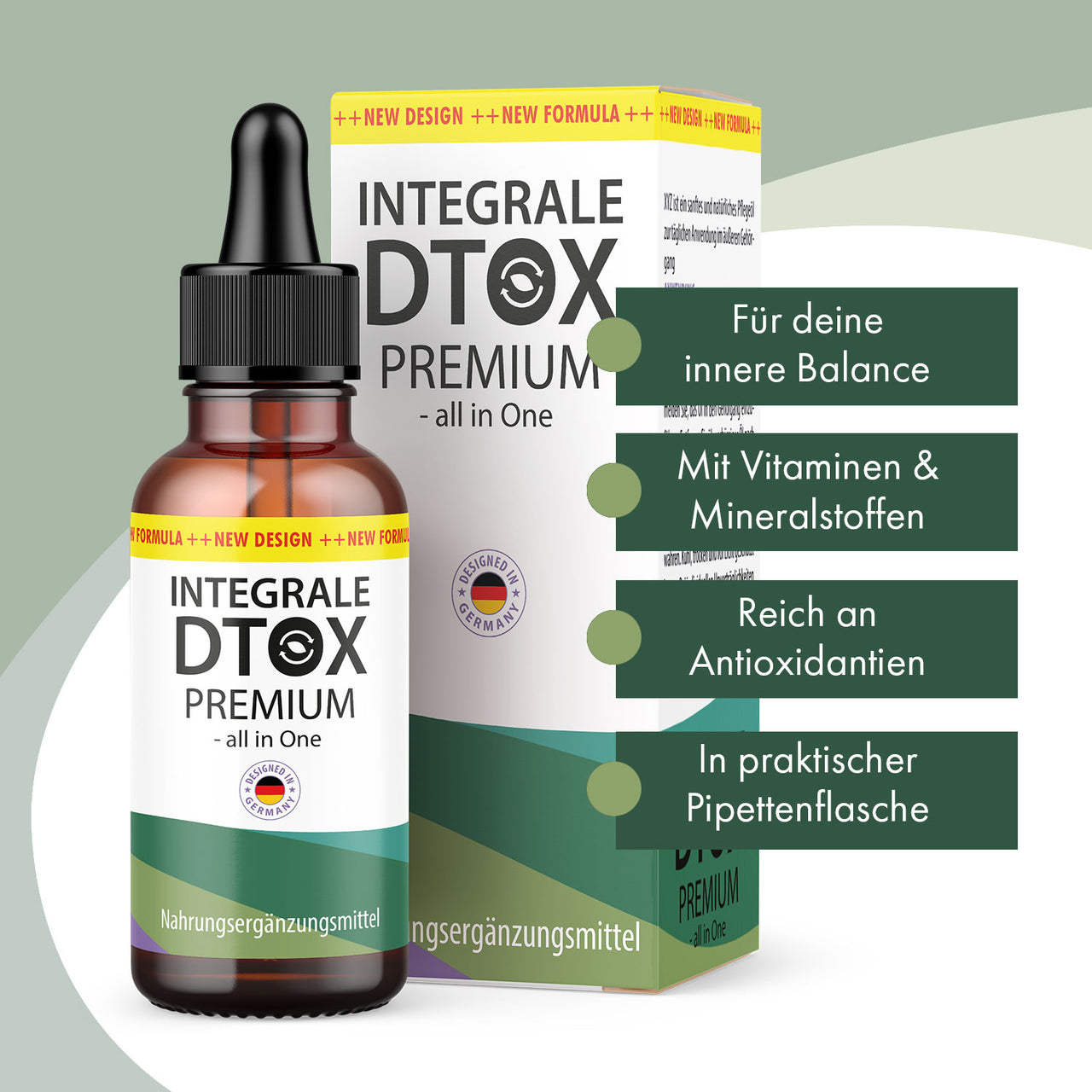 Integrale DTOX Premium braune Flasche mit Pipette, Verpackung und grünen Infopunkten rechts