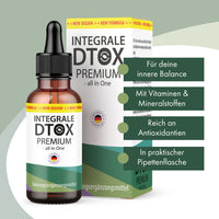 Thumbnail for Integrale DTOX Premium braune Flasche mit Pipette, Verpackung und grünen Infopunkten rechts