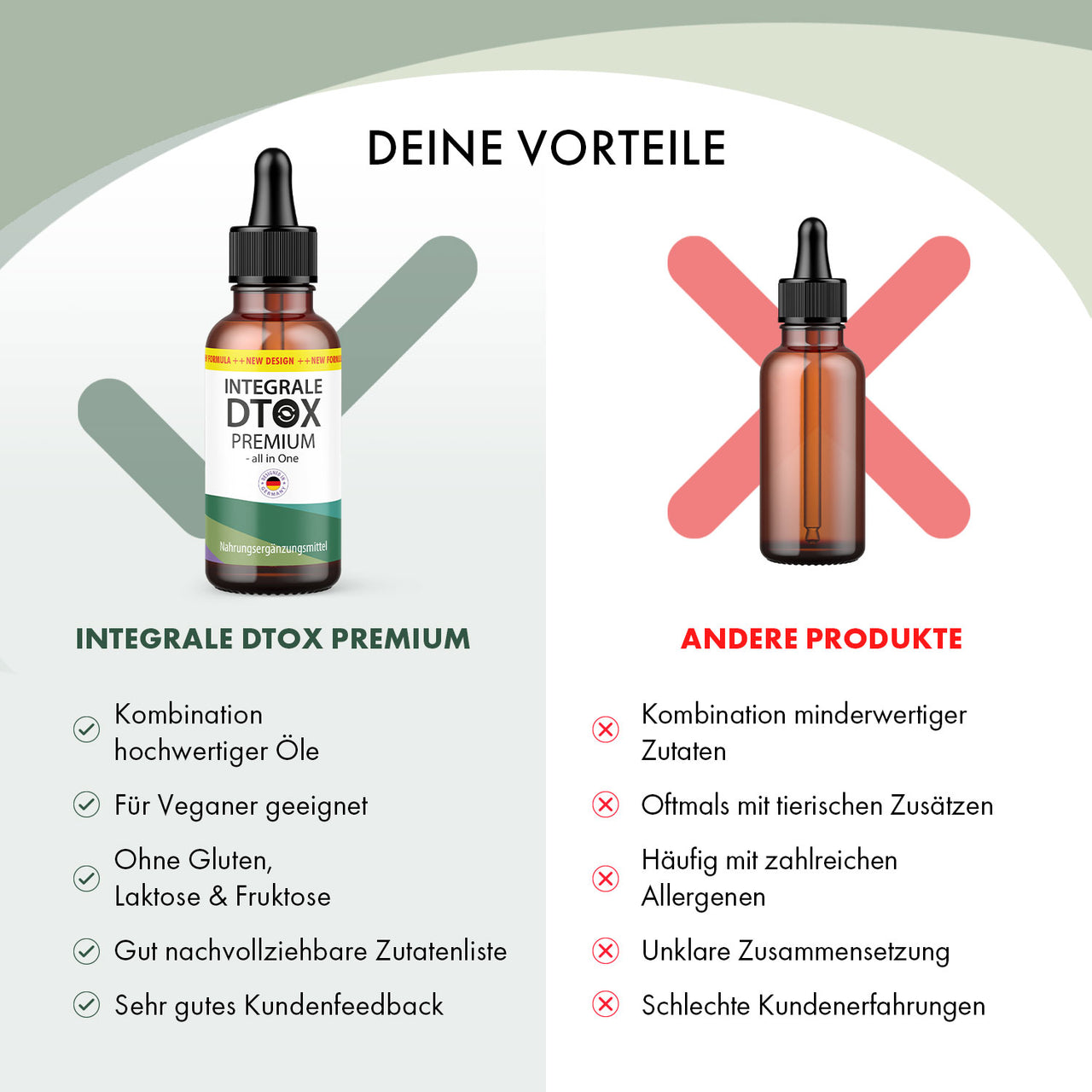 Integrale DTOX Premium Pipettenflasche neben anderer Flasche mit Vorteilen und Nachteilen rechts