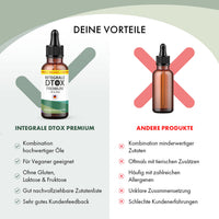 Thumbnail for Integrale DTOX Premium Pipettenflasche neben anderer Flasche mit Vorteilen und Nachteilen rechts