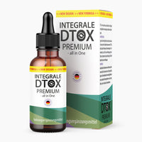 Thumbnail for Integrale DTOX Premium braune Flasche mit Pipette und Verpackung vor hellem Hintergrund
