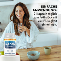 Thumbnail for Frau im Bademantel hält ein Wasserglas, daneben Jarofix Premium Dose und Einnahmehinweis oben