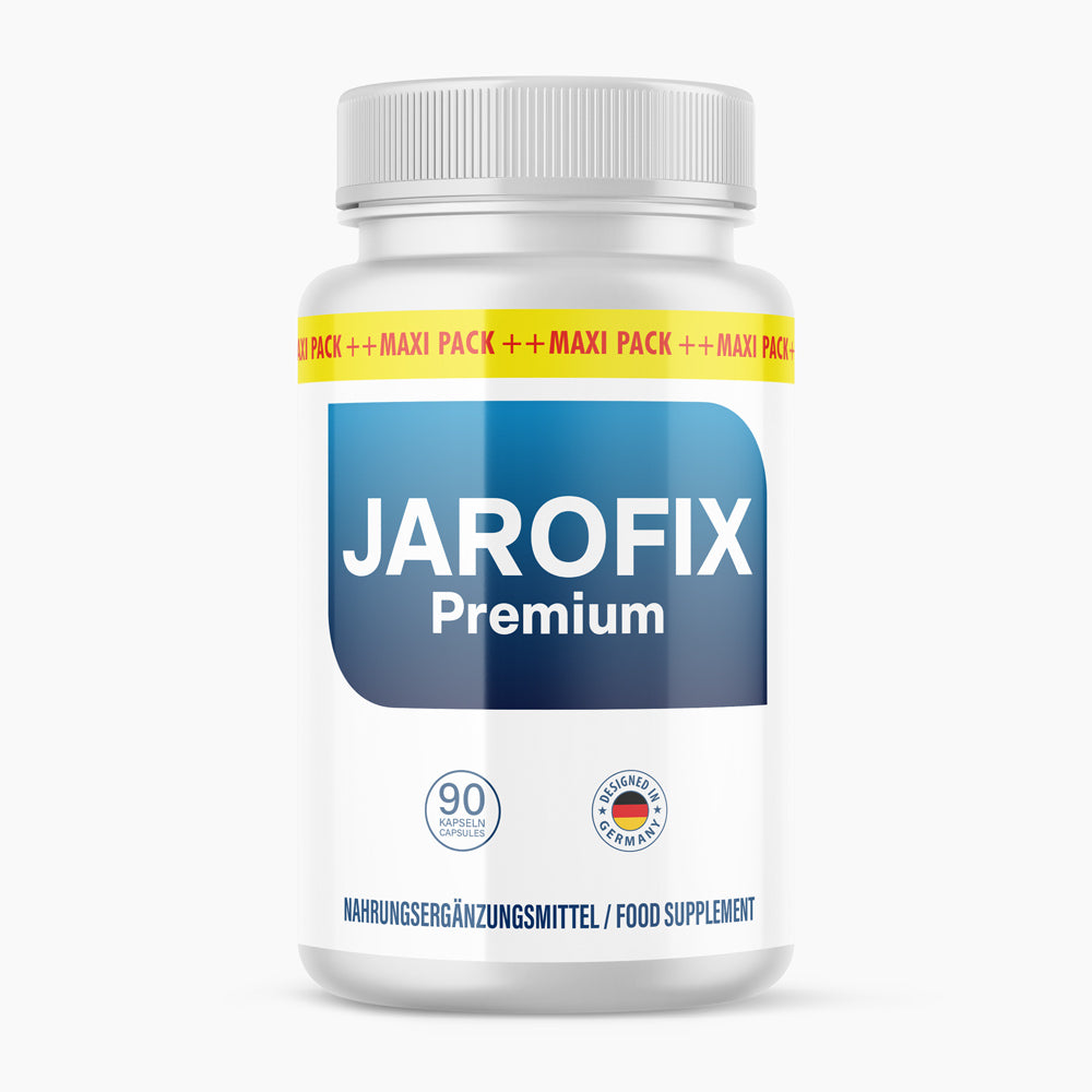 Produktbild Jarofix Premium Nahrungsergänzungsmittel in weißer Dose mit blauem Label und Deckel