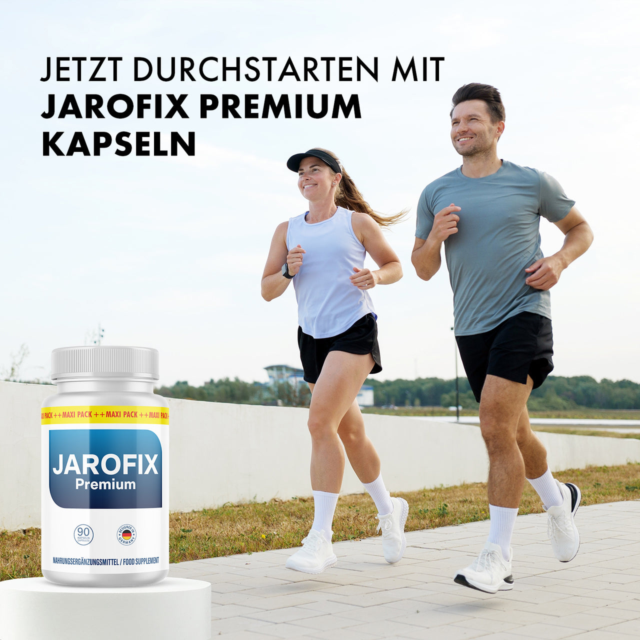 Jarofix Premium Kapseln neben joggendem Paar im Freien mit Text zum Durchstarten oben im Bild
