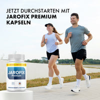 Thumbnail for Jarofix Premium Kapseln neben joggendem Paar im Freien mit Text zum Durchstarten oben im Bild