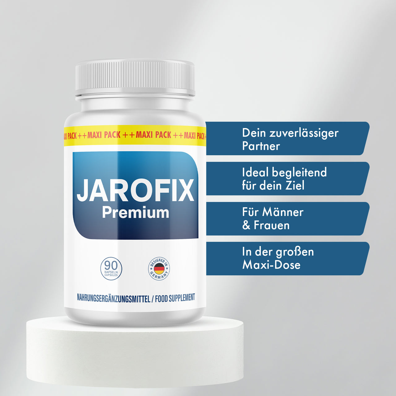 Jarofix Premium Dose auf weißem Podest mit blauem Etikett und vier Infobalken rechts