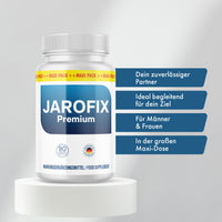 Thumbnail for Jarofix Premium Dose auf weißem Podest mit blauem Etikett und vier Infobalken rechts