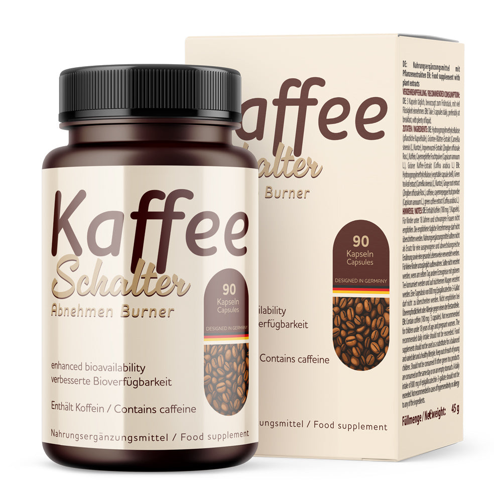 Braune Kunststoffdose mit Etikett Kaffee Schalter Abnehmen Burner 90 Kapseln 45 g vor passender Faltschachtel