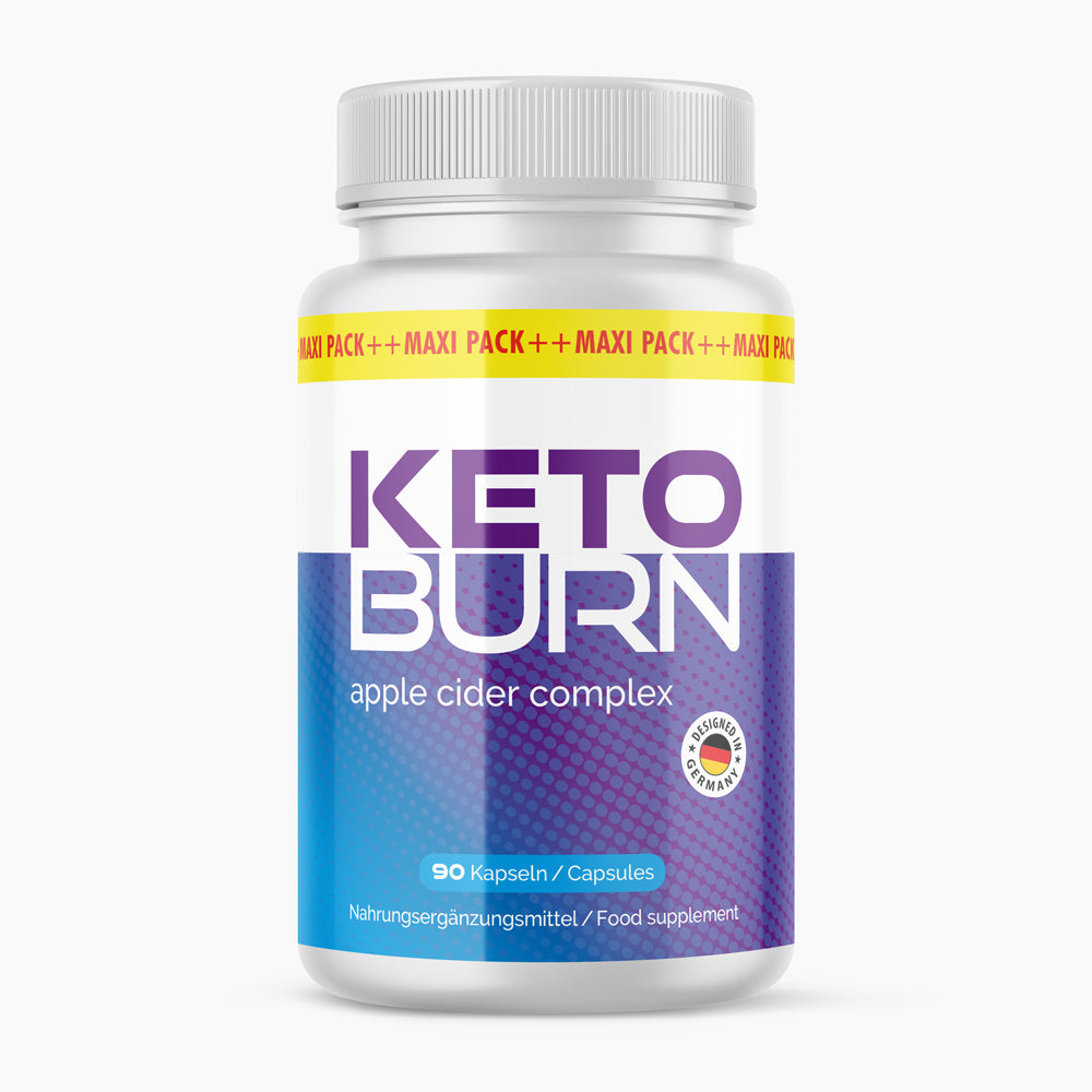 Dose mit weiß-violettem Etikett, Aufschrift KETO BURN, Punktmuster und Angabe 90 Kapseln