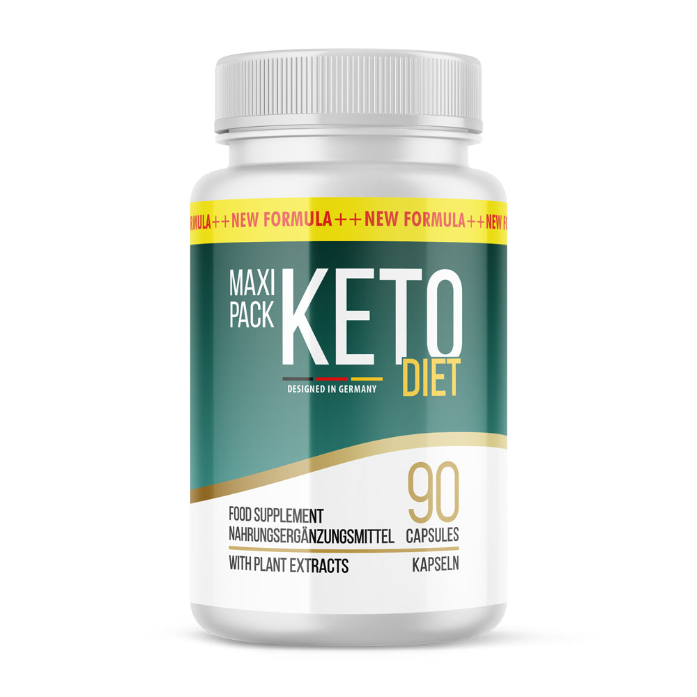 Weiße Kunststoffdose mit grün-gelbem Etikett und Aufschrift KETO DIET mit 90 Kapseln