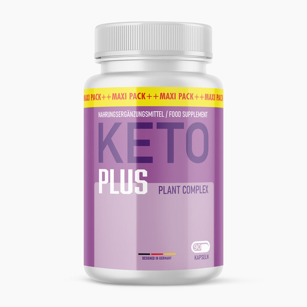 Weiße Dose mit lilafarbenem Etikett, Text KETO PLUS und Plant Complex, 90 Kapseln