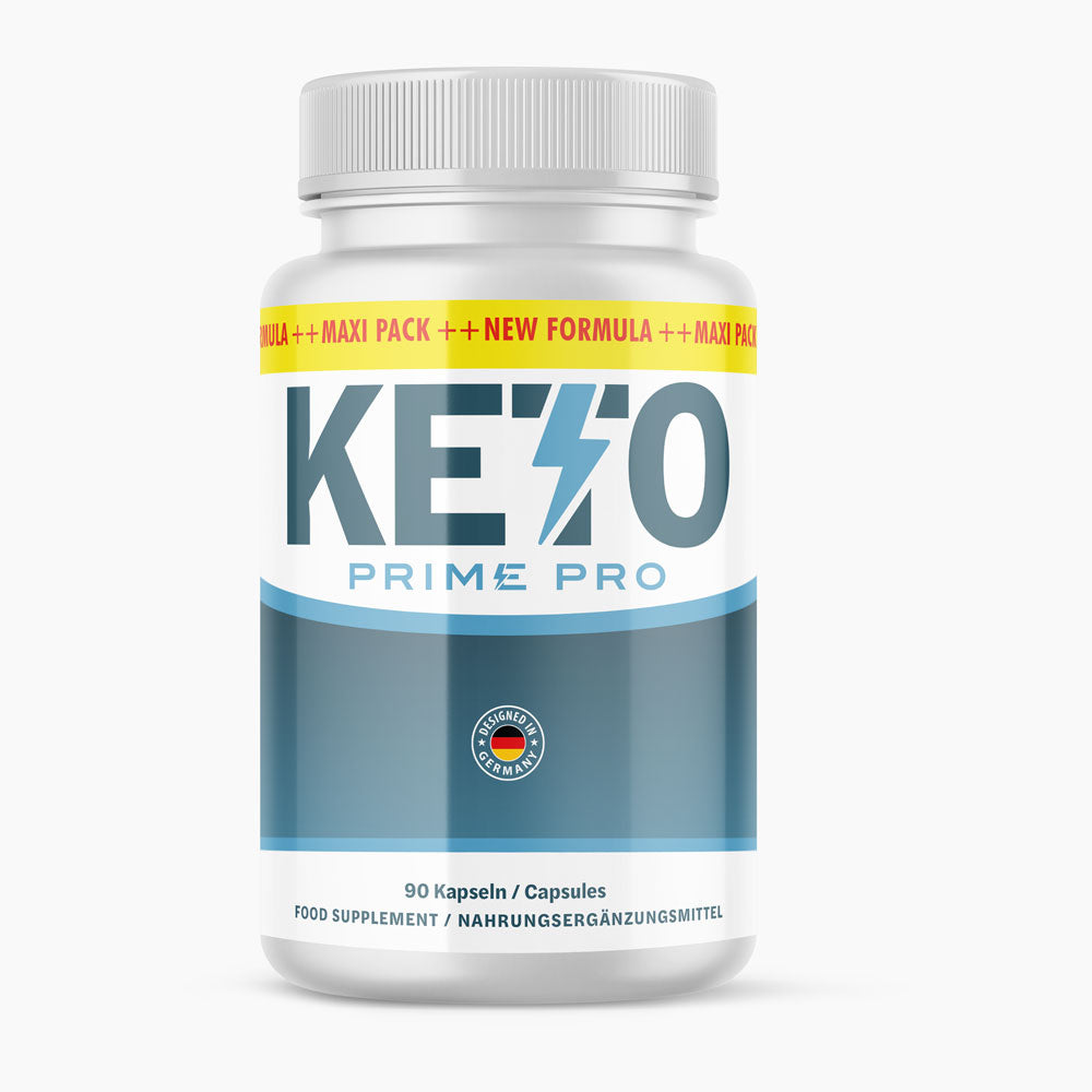Keto Prime Pro Nahrungsergänzungsmittel in weiß-blauer Dose mit 90 Kapseln und gelbem Etikett