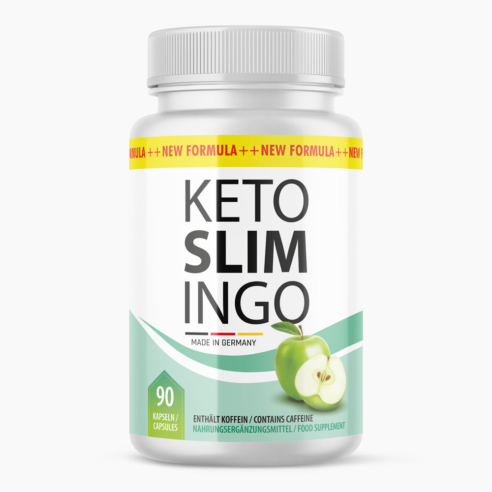 Vorderseite einer weißen Dose mit grünem Etikett, Schrift KETO SLIM INGO, Apfelgrafik, 90 Kapseln