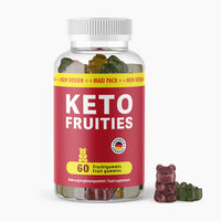 Thumbnail for Dose mit rotem Etikett KETO FRUITIES, 60 Fruchtgummis und sichtbare Gummibärchen daneben