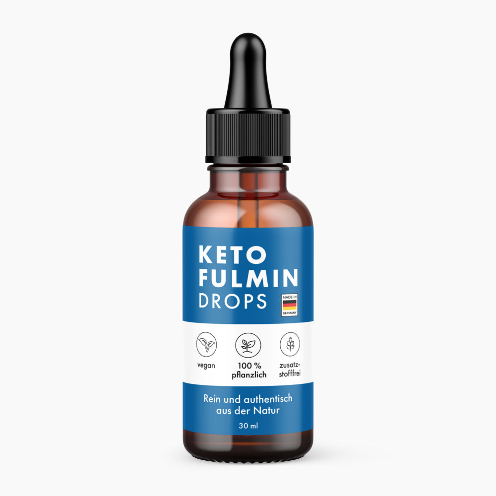 Braune Flasche mit Pipette und blau-weißem Etikett Keto Fulmin Drops 30 ml mit Symbolen und Schrift
