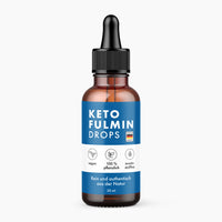 Thumbnail for Braune Flasche mit Pipette und blau-weißem Etikett Keto Fulmin Drops 30 ml mit Symbolen und Schrift