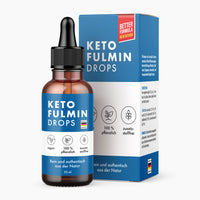 Thumbnail for Braune Flasche mit Pipette und blau-weißem Etikett Keto Fulmin Drops 30 ml vor passender Faltschachtel
