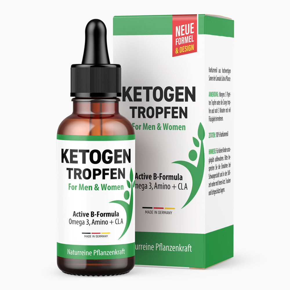 Braune Flasche mit Pipette und Etikett Ketogen Tropfen Active B-Formula vor Faltschachtel