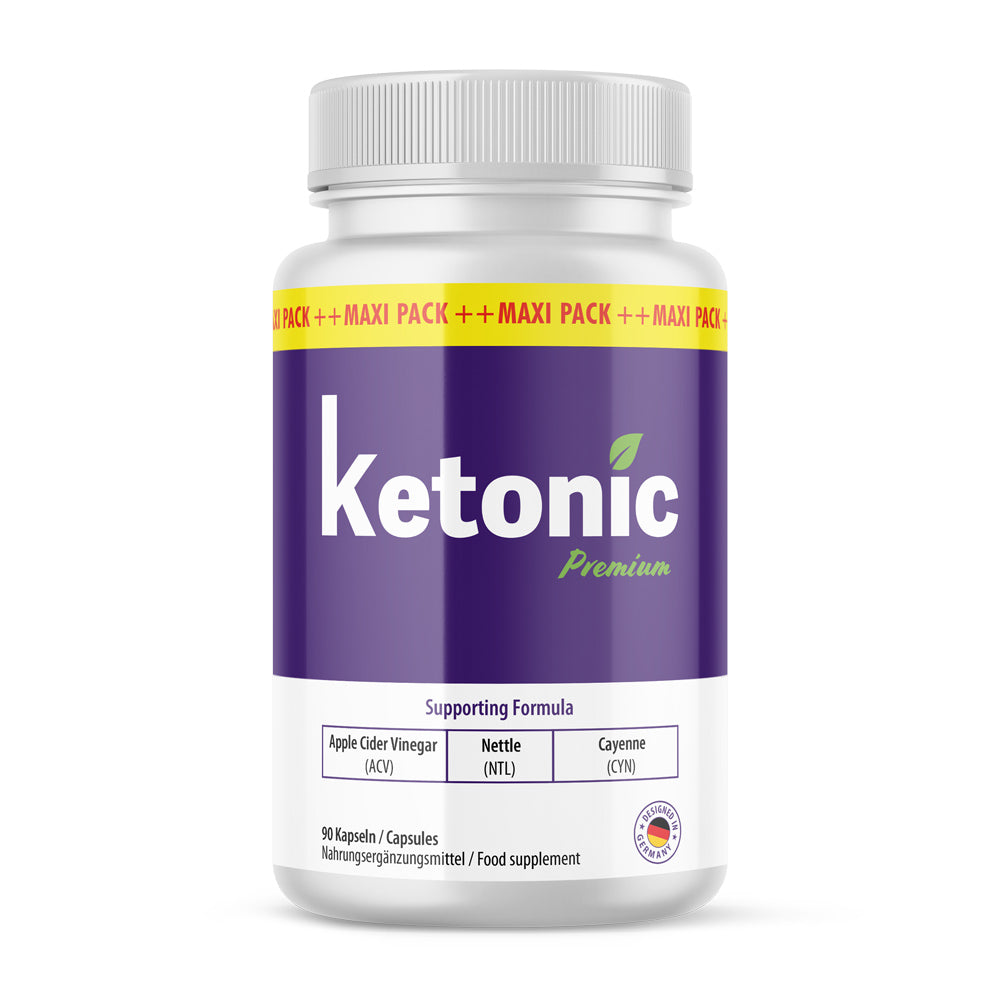 Weiße Kunststoffdose mit violettem Etikett Ketonic Premium und 90 Kapseln