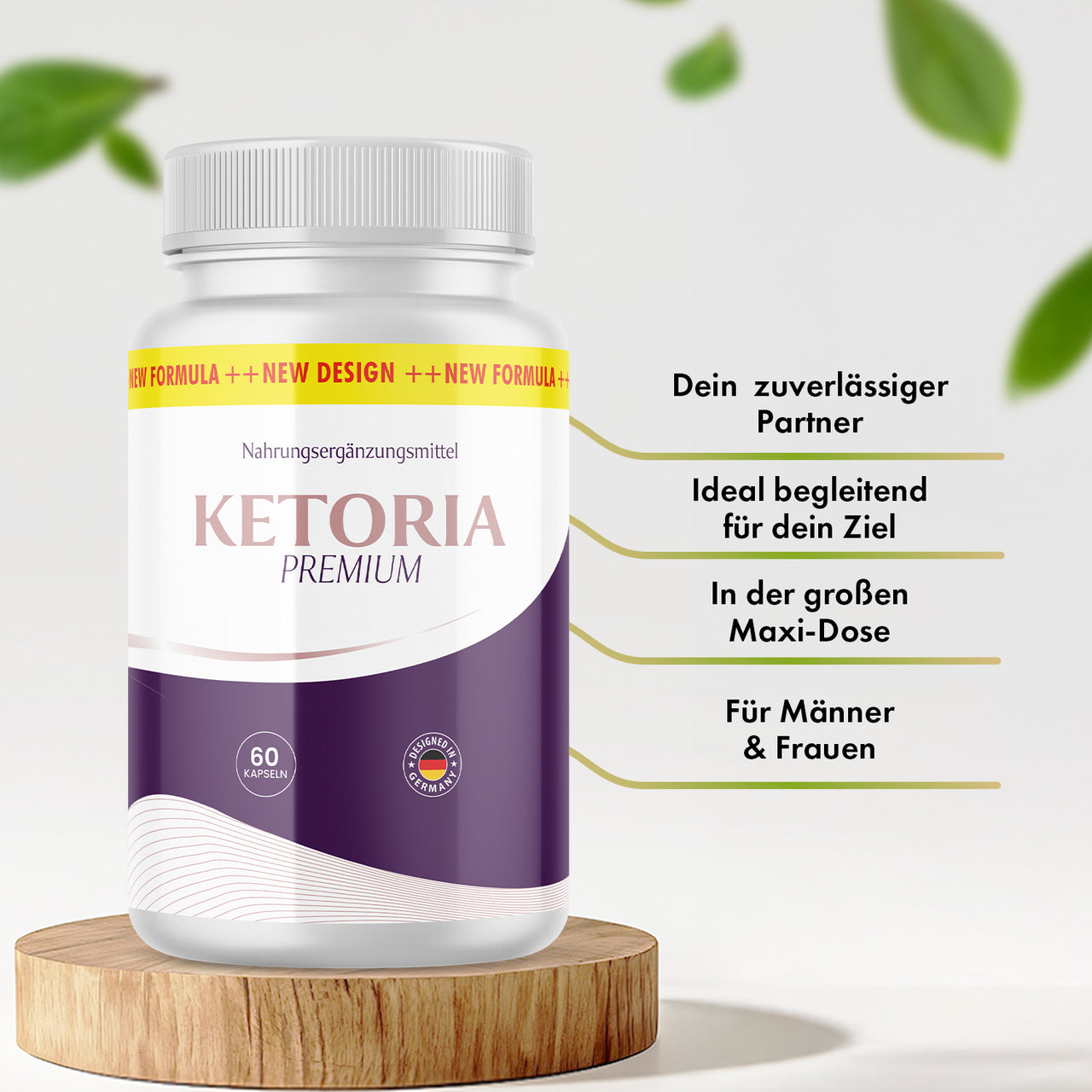 Dose Ketoria Premium auf Holzpodest mit vier sichtbaren Produktmerkmalen für Männer und Frauen