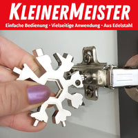 Thumbnail for Hand mit Schneeflockenwerkzeug dreht Schraube an Metallscharnier unter KleinerMeister-Schriftzug