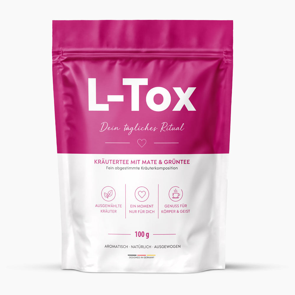 L-Tox herbal tea with mate and green tea in a pink and white stand-up pouch containing 100g