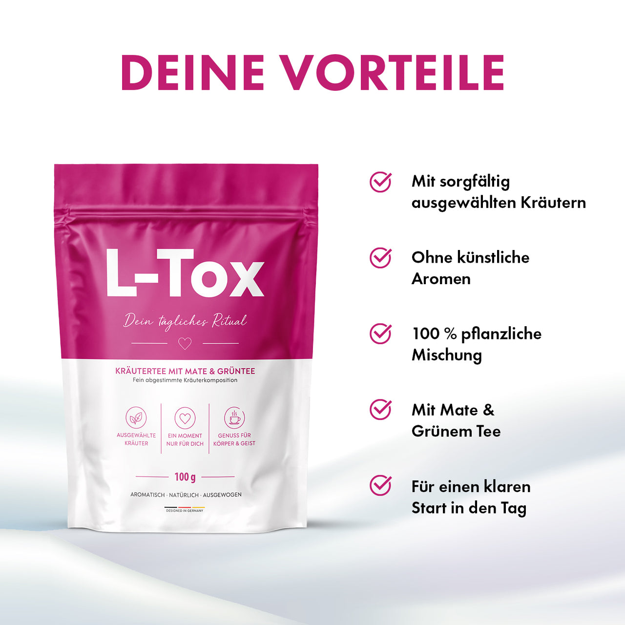 L-Tox herbal tea packaging with beneficial information on herbs, flavors, mate and green tea