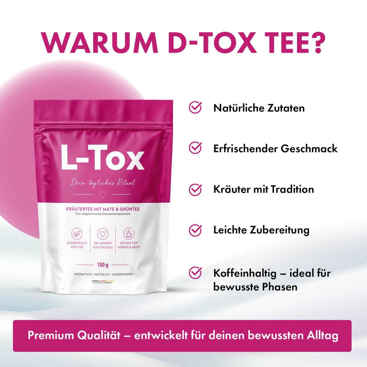 L-Tox tea packaging includes information on ingredients, taste, preparation and caffeine.